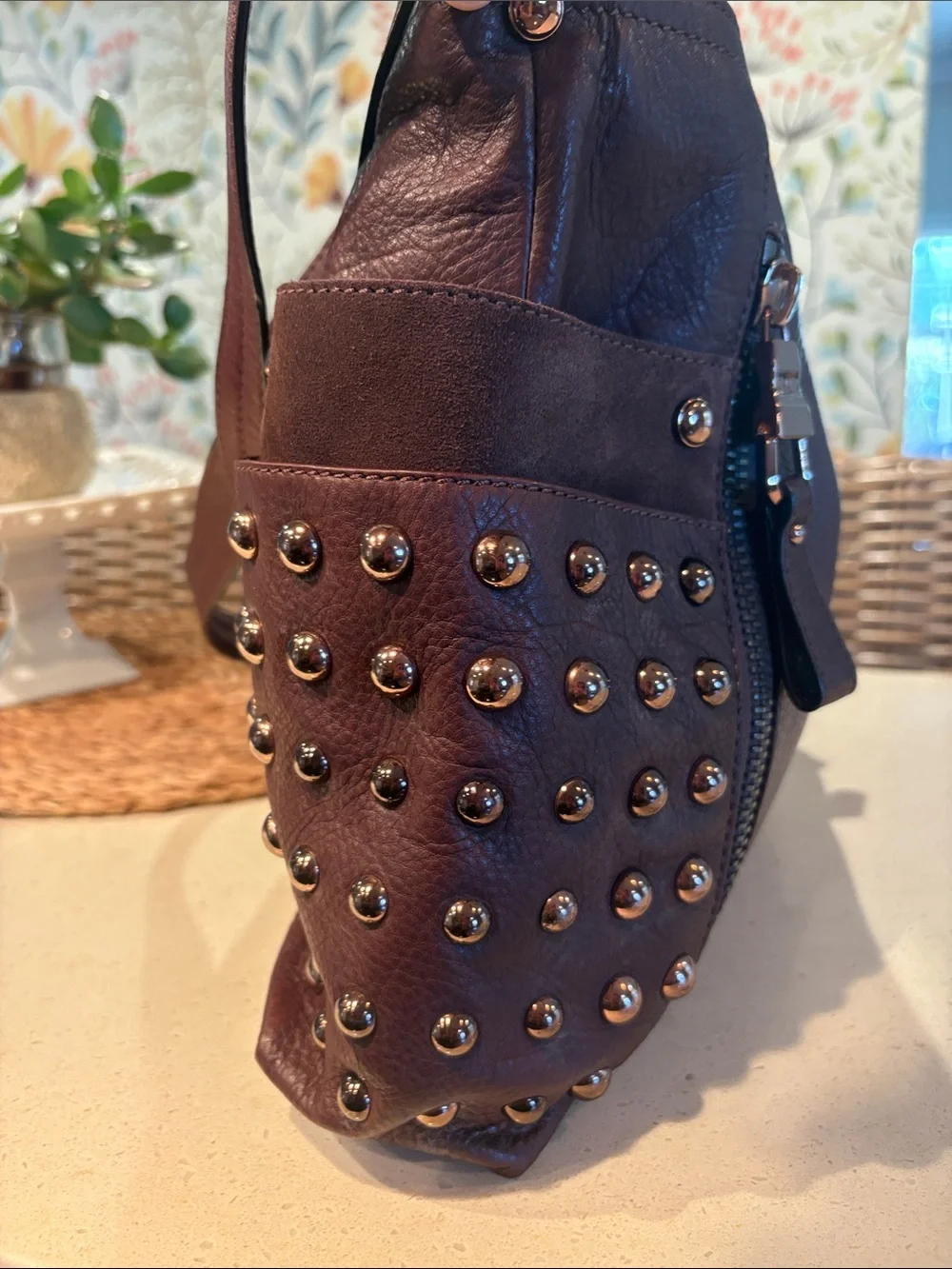 Makowsky Rose-Gold Studded Brown Leather Crossbody Hobo Bag